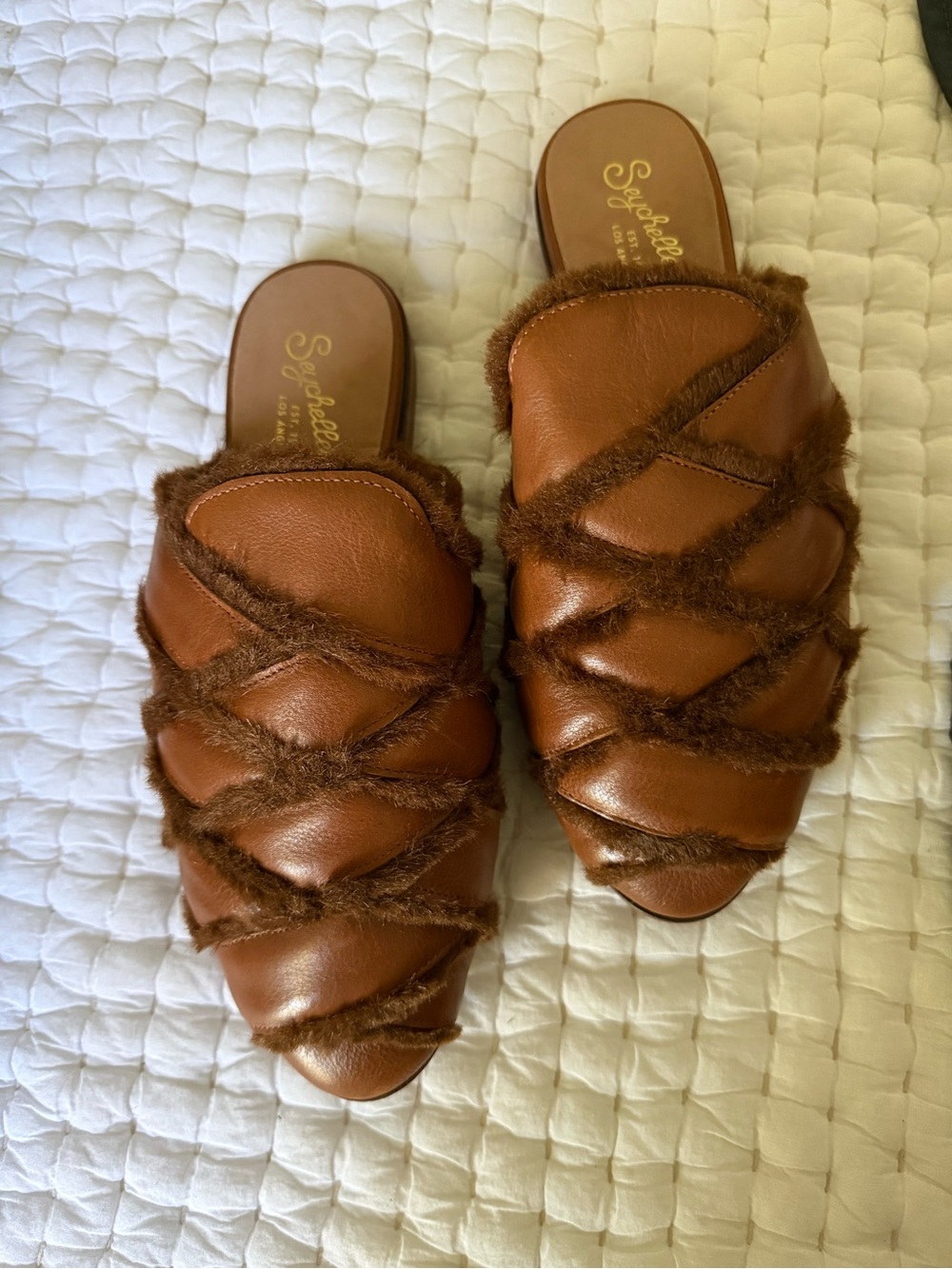 Seychelles Cognac Brown Leather Fur-Trim Slide Mules